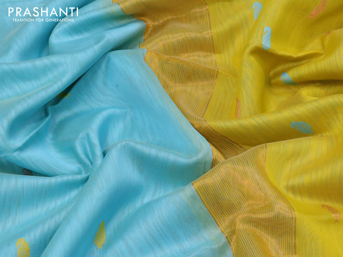 Maheshwari silk cotton saree pastel blue and lime yellow with thread & copper zari woven buttas and copper & silver zari woven border