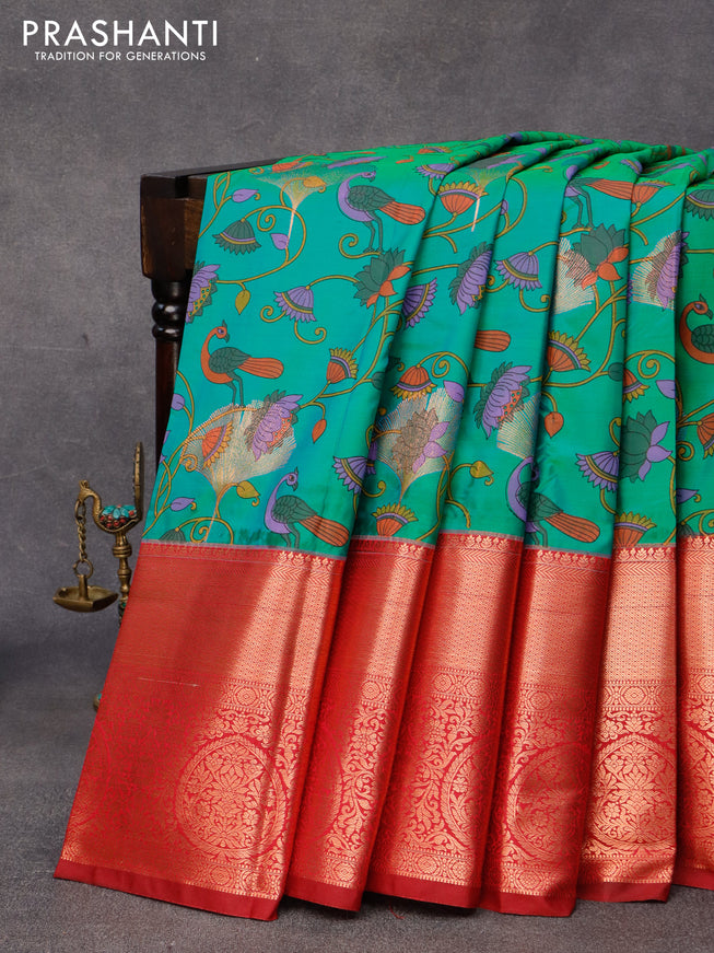 Bangalori silk saree dual shade of green and maroon with allover kalamkari prints & copper zari woven buttas and long copper zari woven border