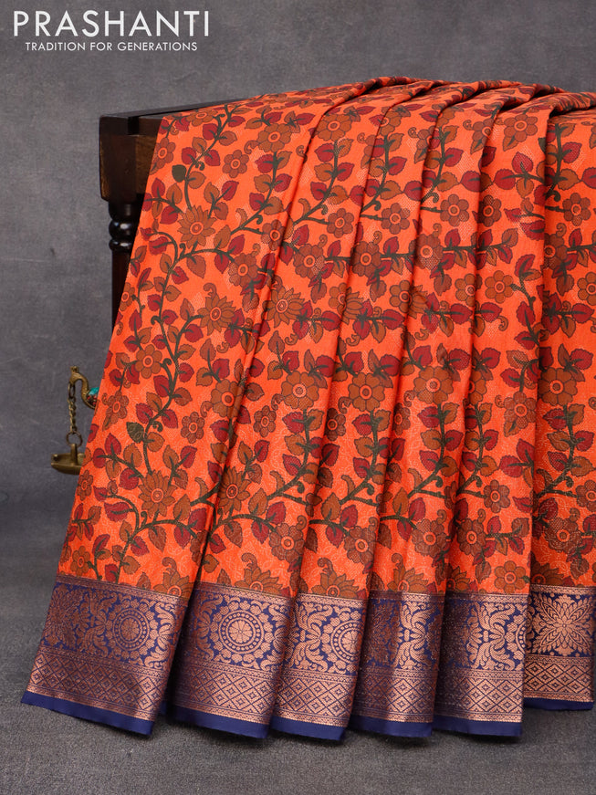 Bangalori silk saree orange and navy blue with allover kalamkari prints & zari weaves and zari woven border