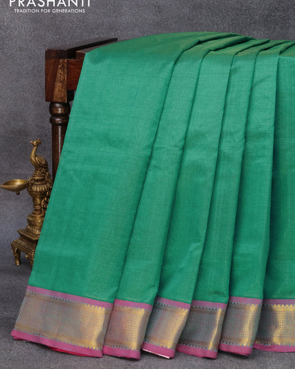 10 yards silk cotton saree teal green shade and magenta pink with allover vairosi pattern and zari woven border without blouse