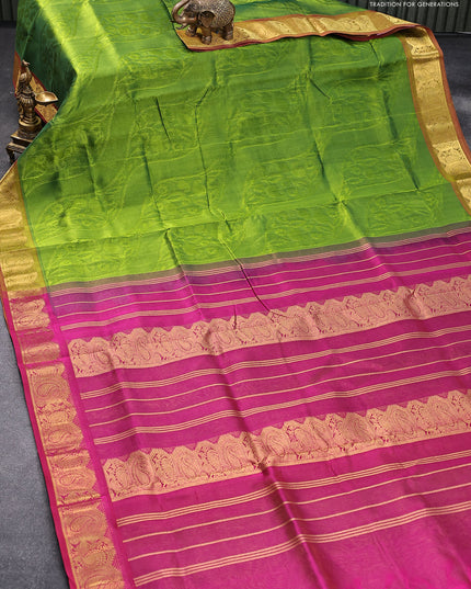 10 yards silk cotton saree light green and pink with allover self emboss jaquard and annam & paisley zari woven border without blouse
