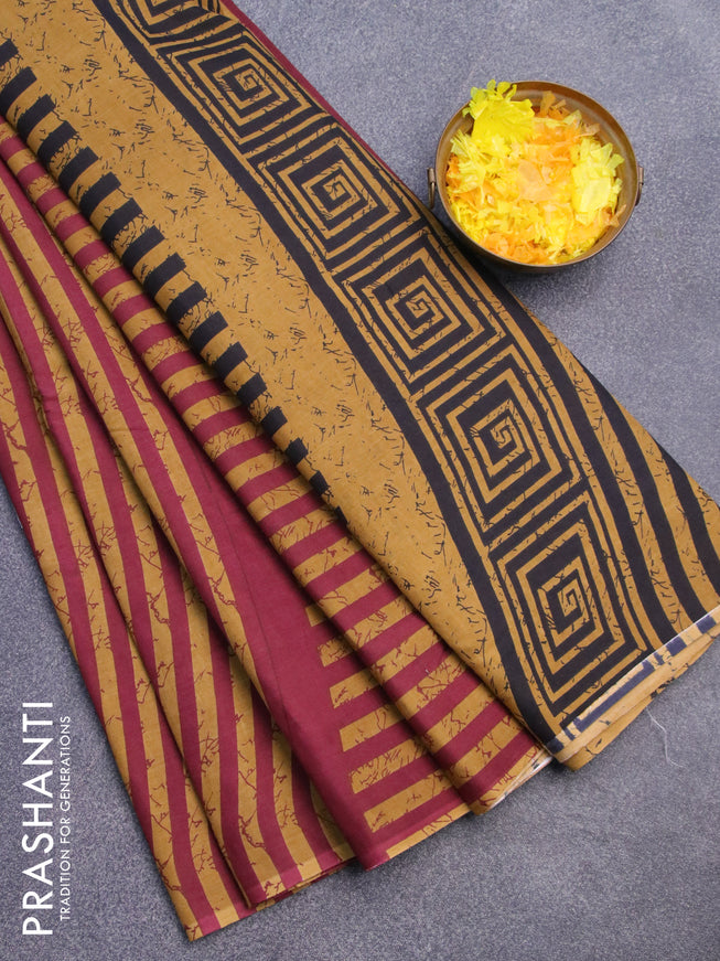 Jaipur cotton saree dark mustard and maroon with allover prints in borderless style