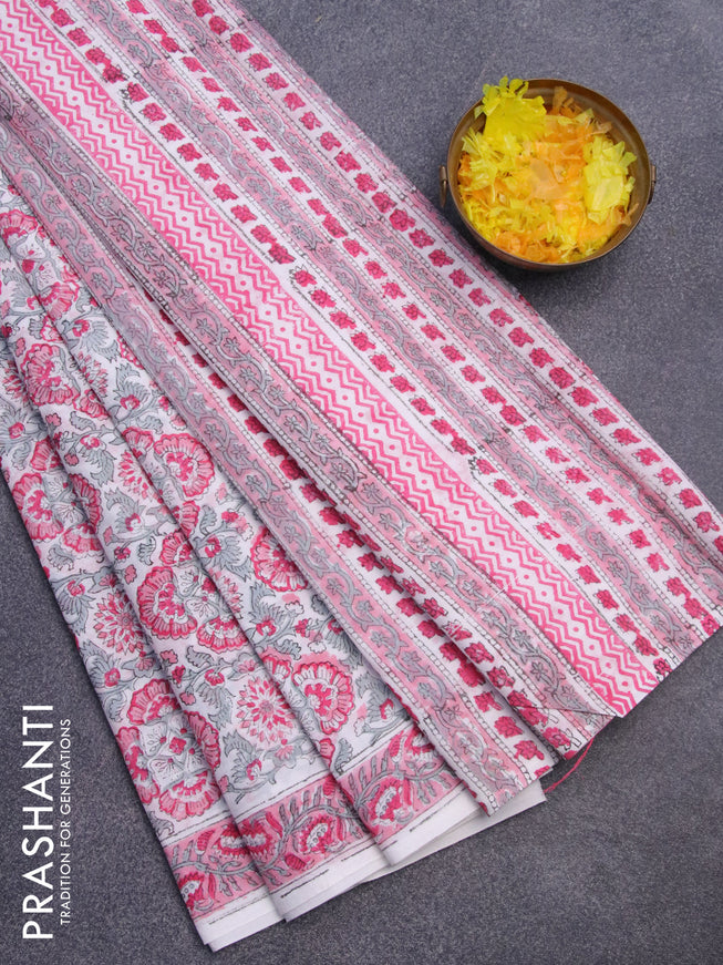 Jaipur cotton saree off white and light pink with allover floral prints and printed border