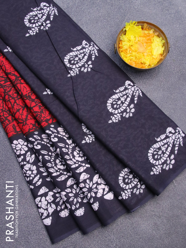 Jaipur cotton saree red and dark blue with allover batik prints and printed border