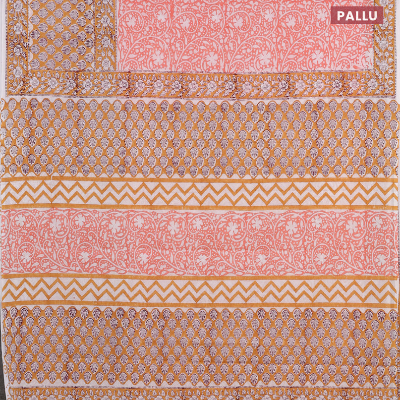 Jaipur cotton saree peach orange and off white with allover prints and printed border