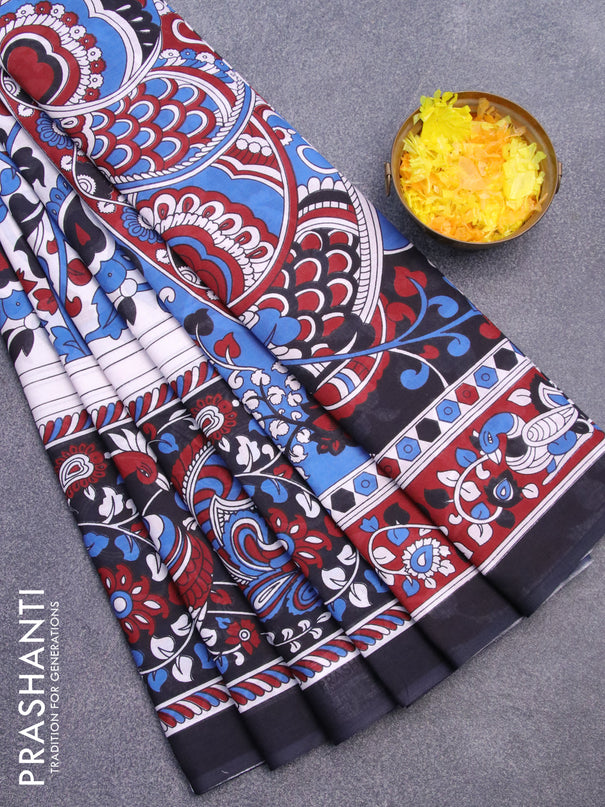 Jaipur cotton saree off white and black with allover kalamakri prints and printed border