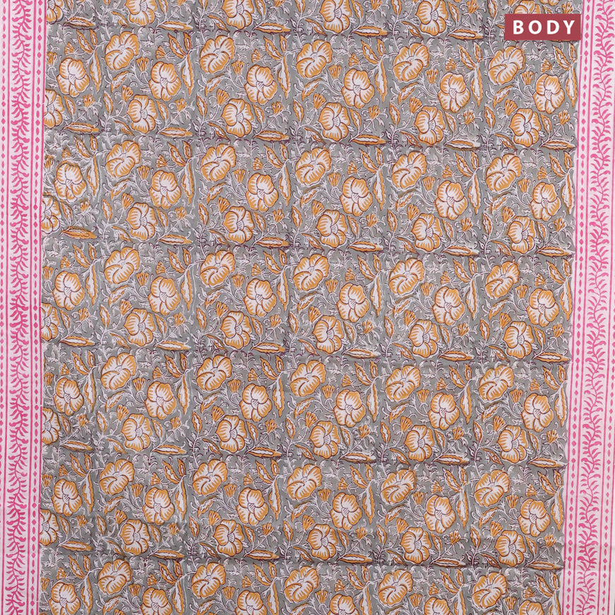 Jaipur cotton saree grey and off white with allover floral prints and printed border
