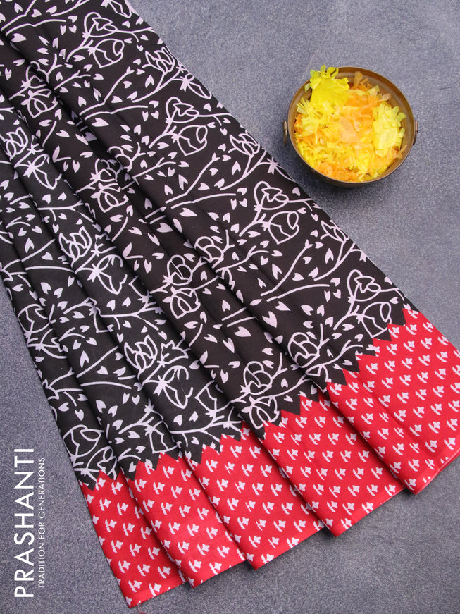 Jaipur cotton saree black and red with allover prints and printed border