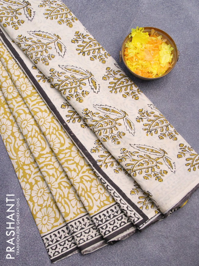 Jaipur cotton saree mustard shade and cream with allover floral butta prints and printed border