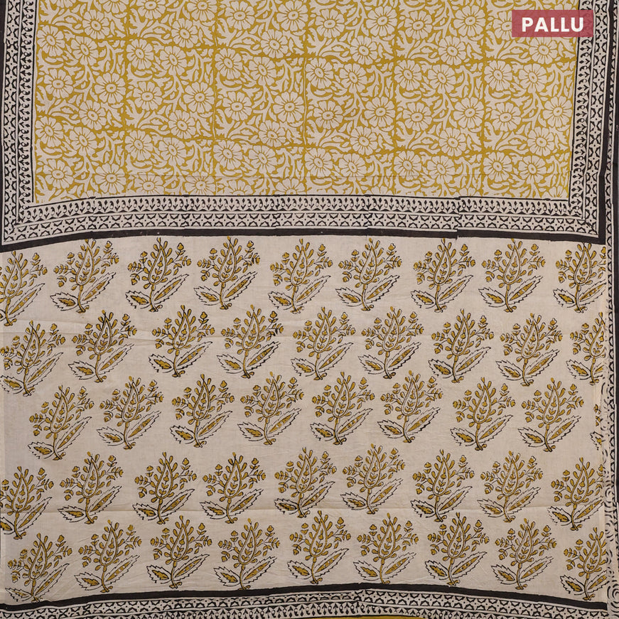 Jaipur cotton saree mustard shade and cream with allover floral butta prints and printed border