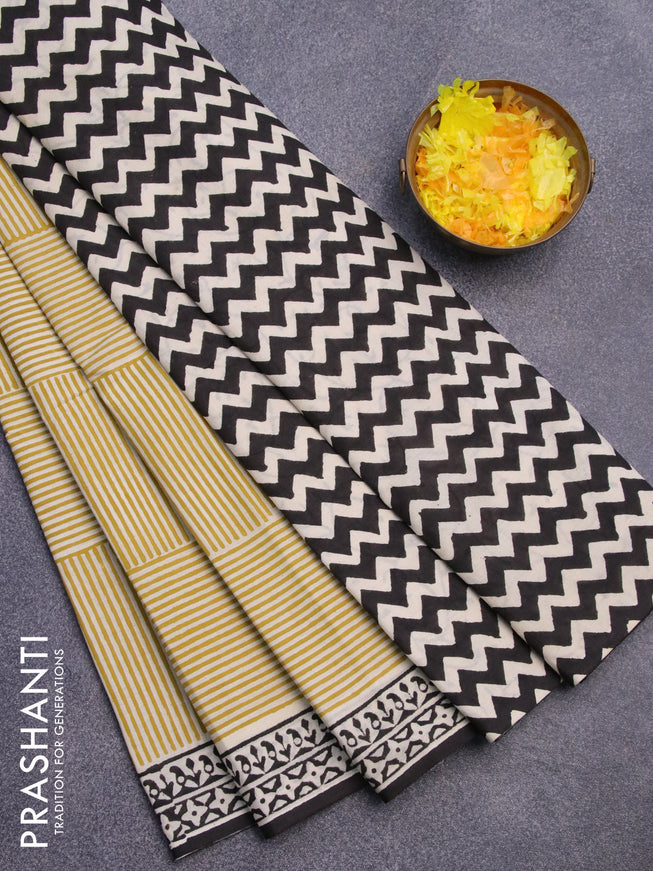 Jaipur cotton saree lime yellow and black with allover geometric prints and printed border