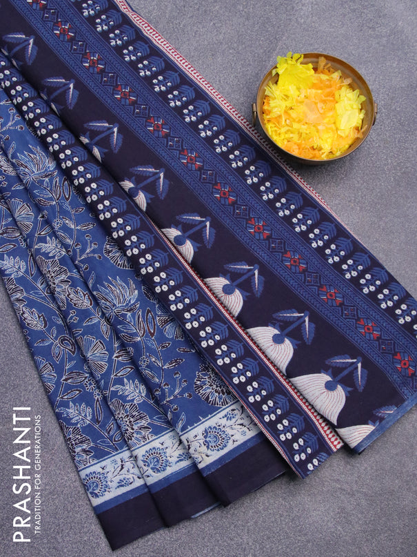 Jaipur cotton saree blue and navy blue with allover kalamkari prints and simple border
