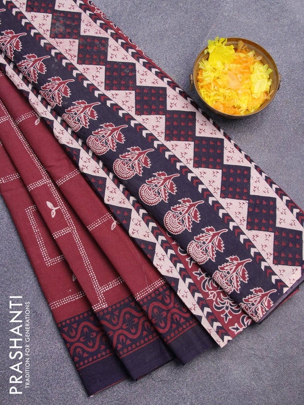 Jaipur cotton saree maroon and navy blue with allover prints and printed border