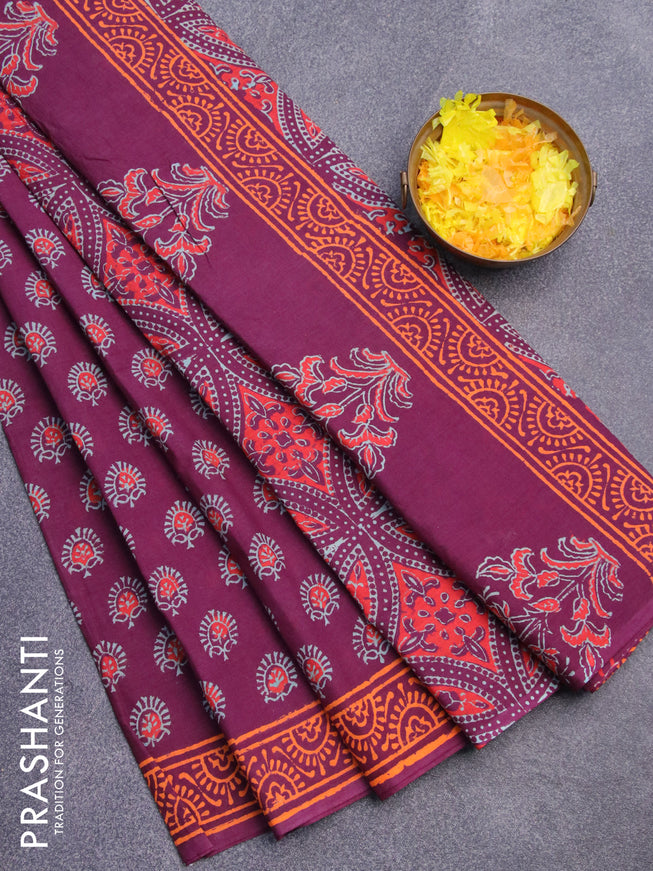 Jaipur cotton saree wine shade with allover butta prints and printed border