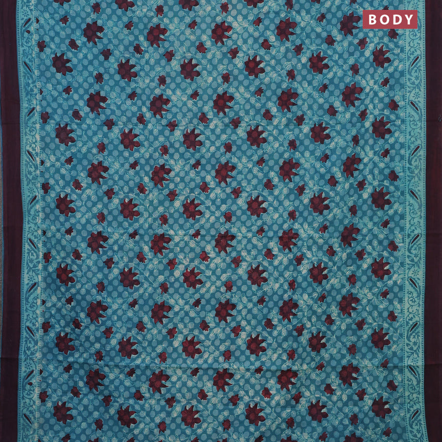 Jaipur cotton saree teal blue shade and deep jamun shade with allover floral prints and printed border