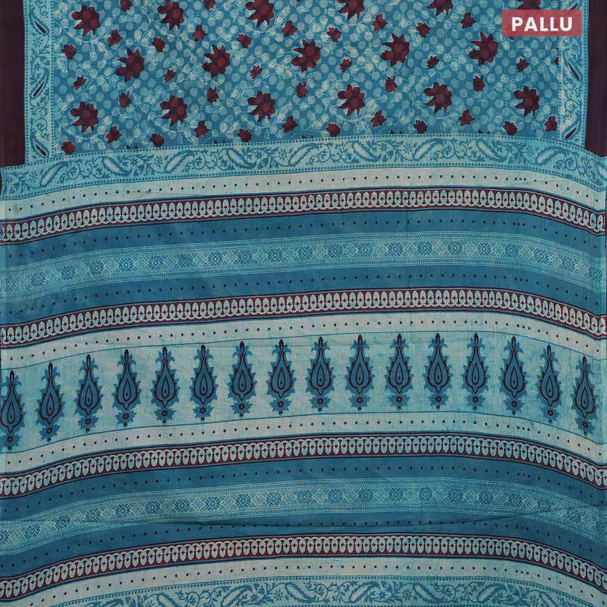 Jaipur cotton saree teal blue shade and deep jamun shade with allover floral prints and printed border