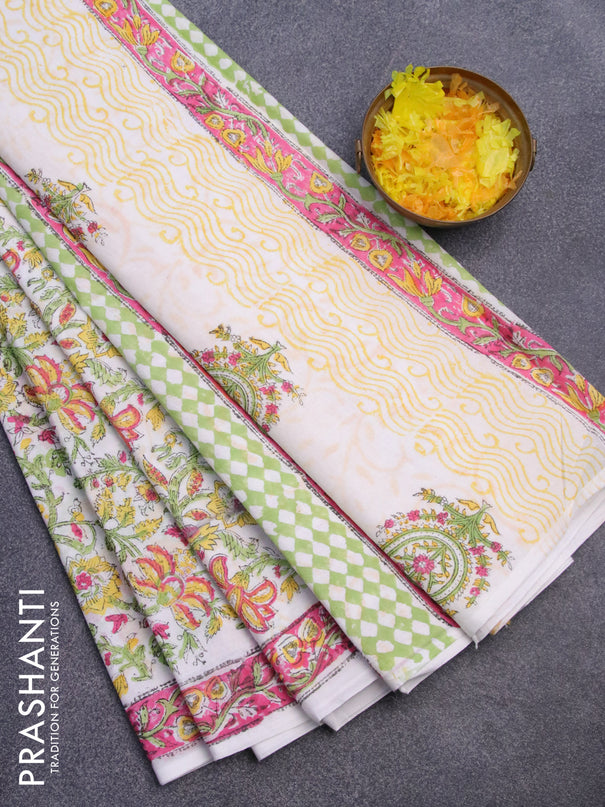 Jaipur cotton saree off white and pink with allover floral prints and printed border