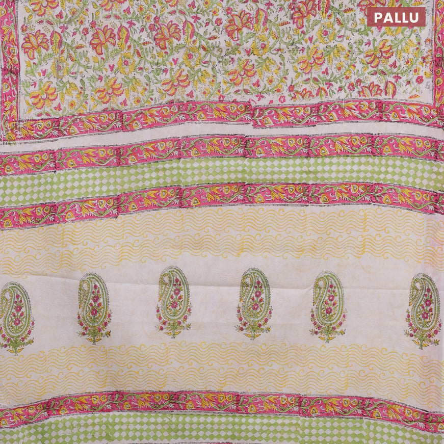 Jaipur cotton saree off white and pink with allover floral prints and printed border