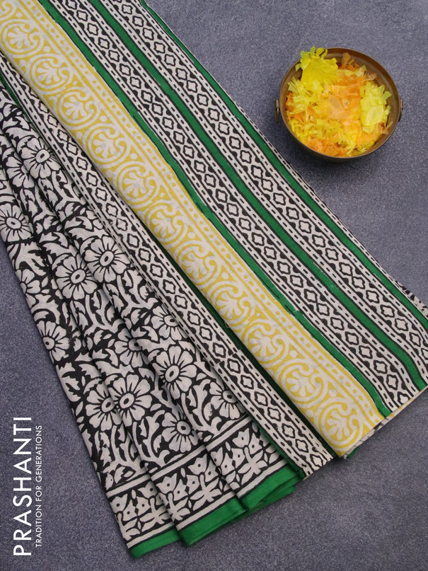 Jaipur cotton saree black and green with allover floral prints and printed border