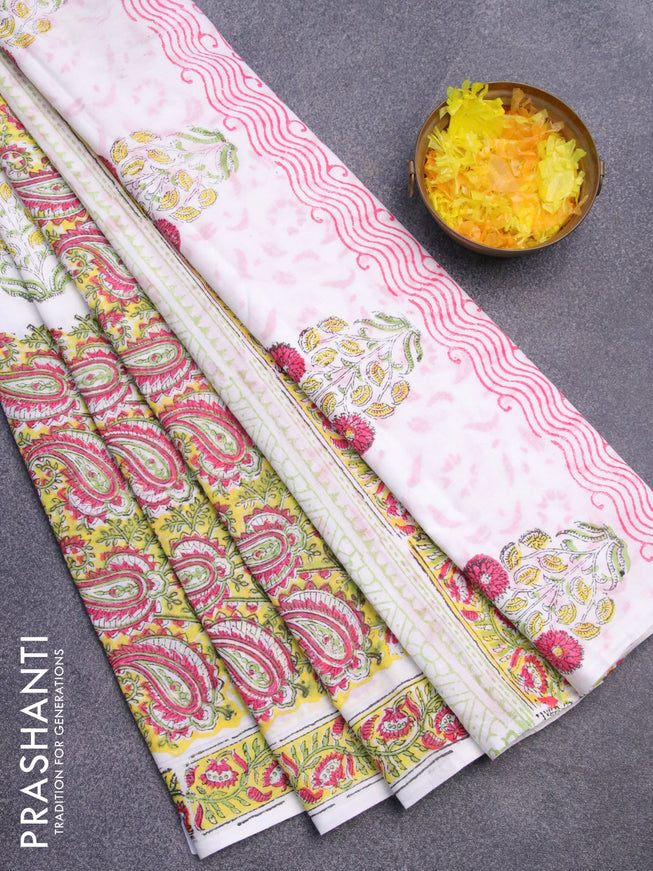 Jaipur cotton saree yellow and off white with allover prints and printed border