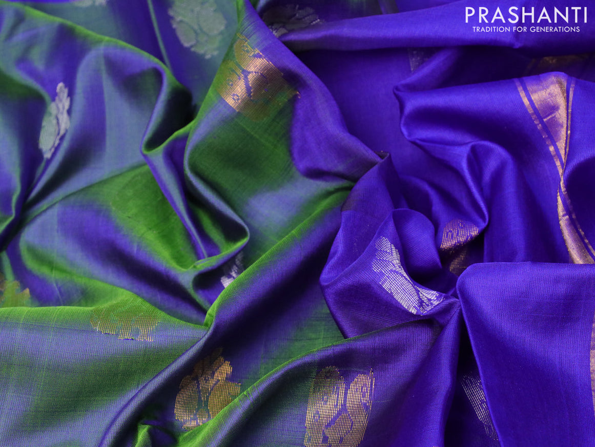 Pure uppada silk saree dual shade of bluish green and royal blue with silver & gold zari woven buttas and zari woven border