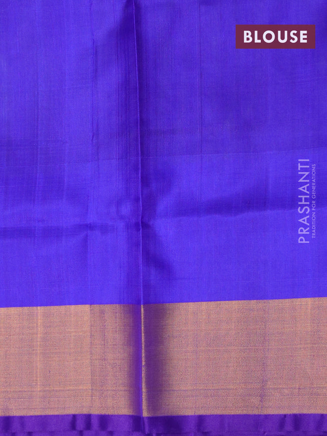Pure uppada silk saree dual shade of bluish green and royal blue with silver & gold zari woven buttas and zari woven border
