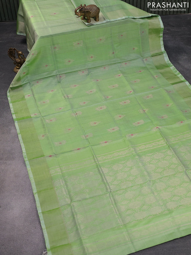 Pure uppada silk saree pista green with thread & silver zari woven buttas and silver zari woven border
