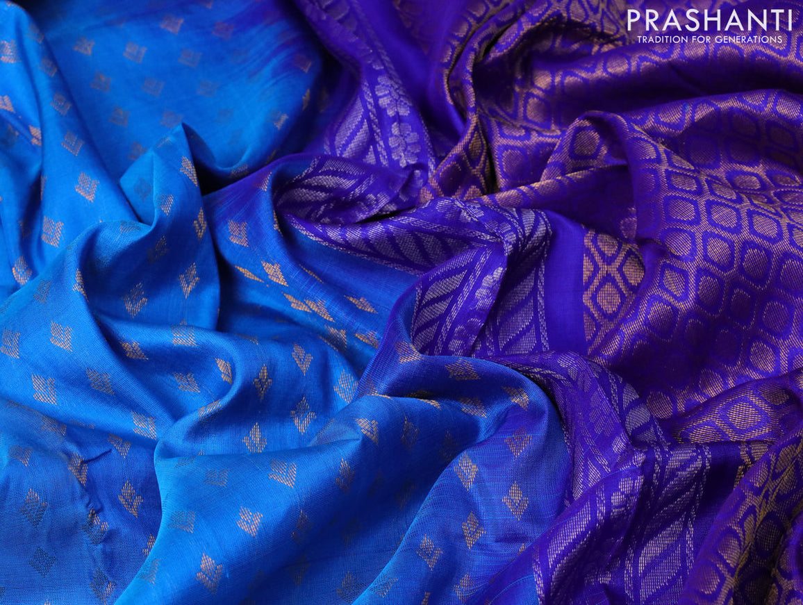 Pure uppada silk saree cs blue and blue with allover zari woven buttas and long floral zari woven border
