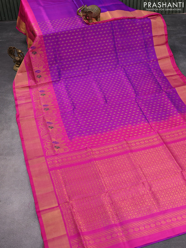 Pure uppada silk saree purple and pink with allover zari woven buttas and long floral zari woven border
