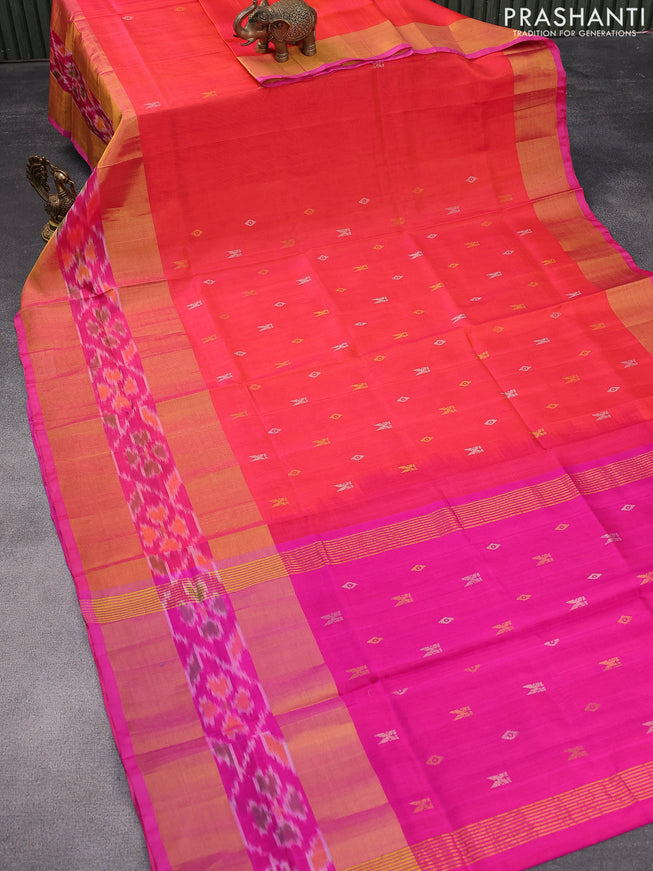Pure uppada silk saree dual shade of pinkish orange and pink with silver & gold zari woven buttas and long zari woven ikat style border