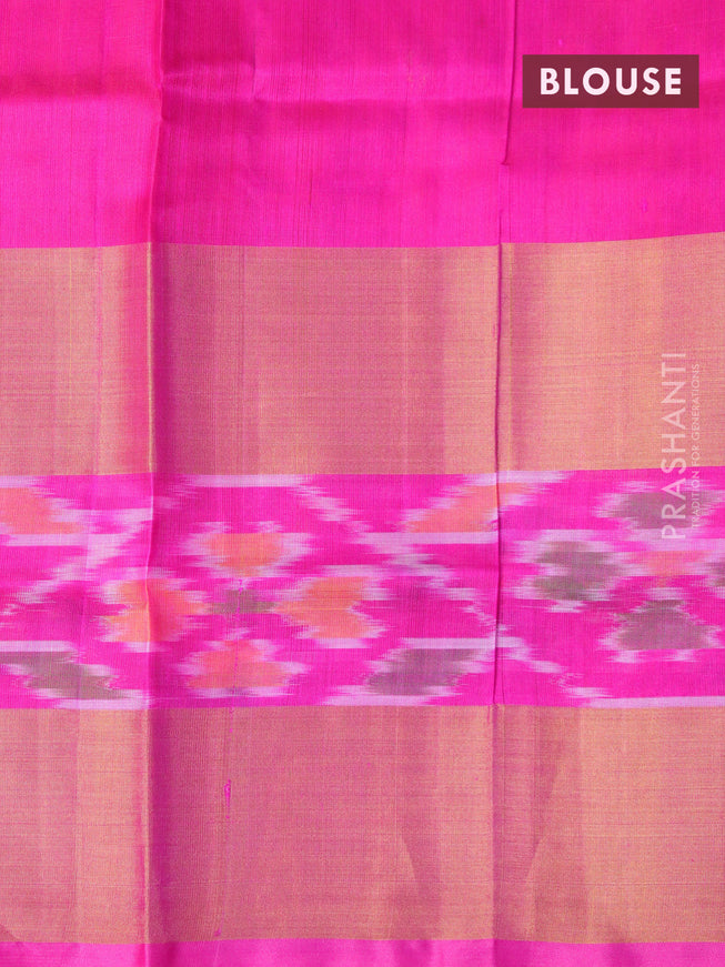 Pure uppada silk saree dual shade of pinkish orange and pink with silver & gold zari woven buttas and long zari woven ikat style border