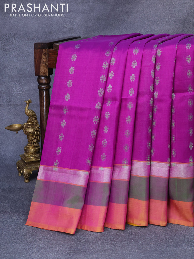 Pure uppada silk saree purple and yellow with allover thread & silver zari woven floral buttas and zari woven simple border