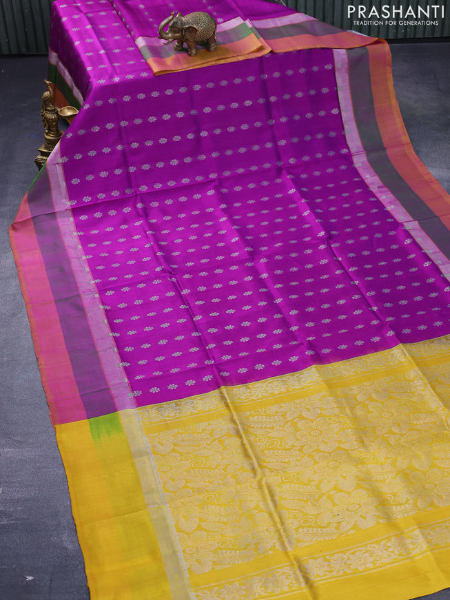Pure uppada silk saree purple and yellow with allover thread & silver zari woven floral buttas and zari woven simple border