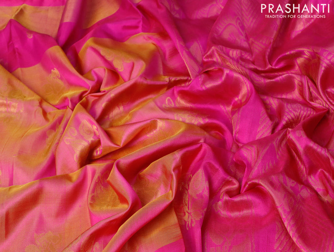 Pure uppada silk saree dual shade of pinkish yellow and pink with zari woven buttas and zari woven border