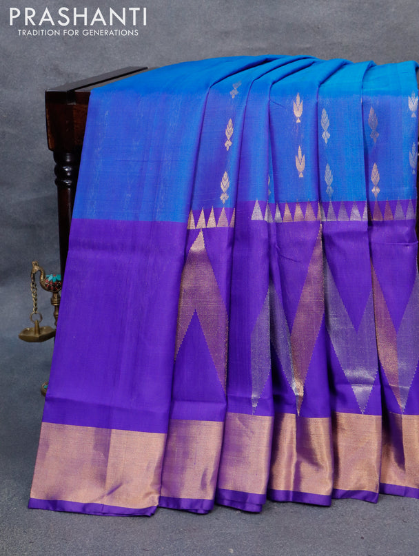 Pure uppada silk saree cs blue and blue with silver & gold zari woven buttas and long rich zari woven border
