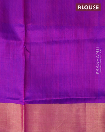 Pure uppada silk saree dual shade of pinkish orange and purple with silver & gold zari woven buttas and long rich zari woven border