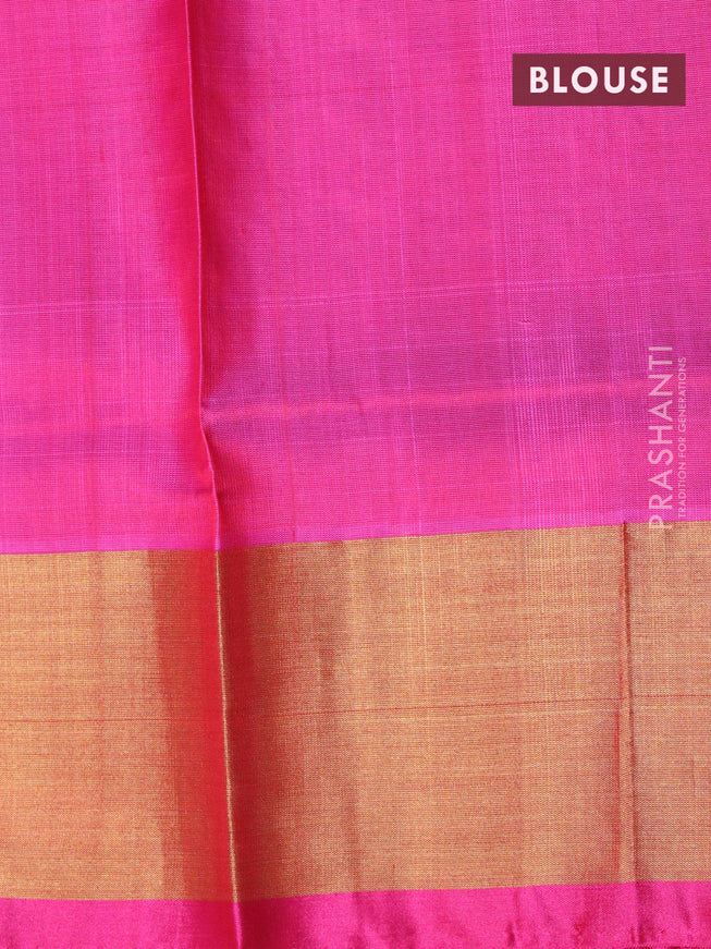 Pure uppada silk saree dual shade of mustard yellow and pink with allover peacock zari woven brocade weaves and long floral design zari woven border