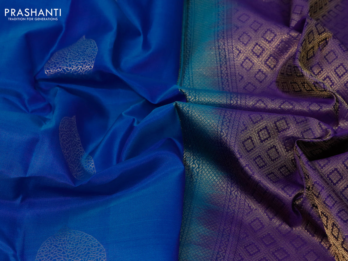 Pure kanjivaram silk saree cs blue and deep violet with zari woven leaf buttas in borderless style