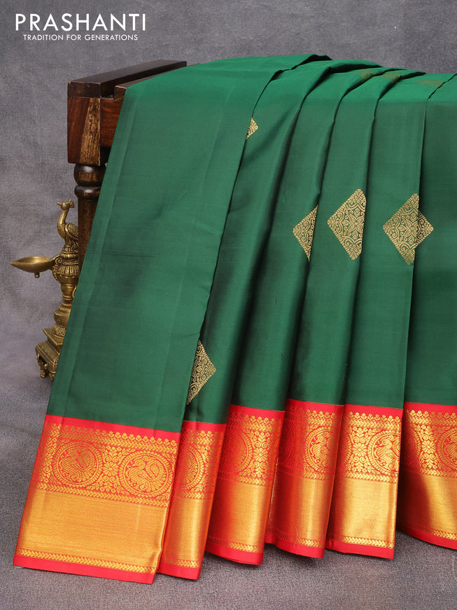 Pure kanjivaram silk saree green and red with zari woven buttas and zari woven korvai border