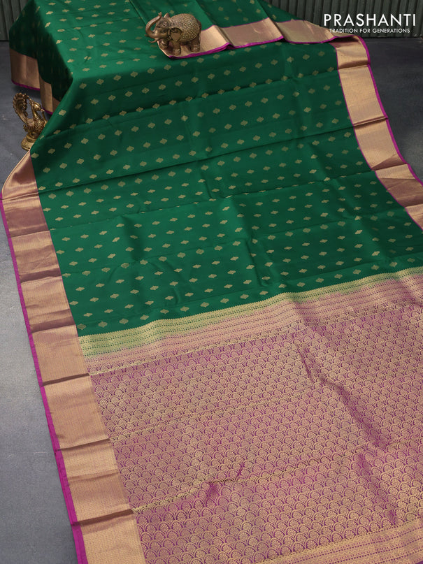 Pure kanjivaram silk saree green and purple with zari woven buttas and zari woven border