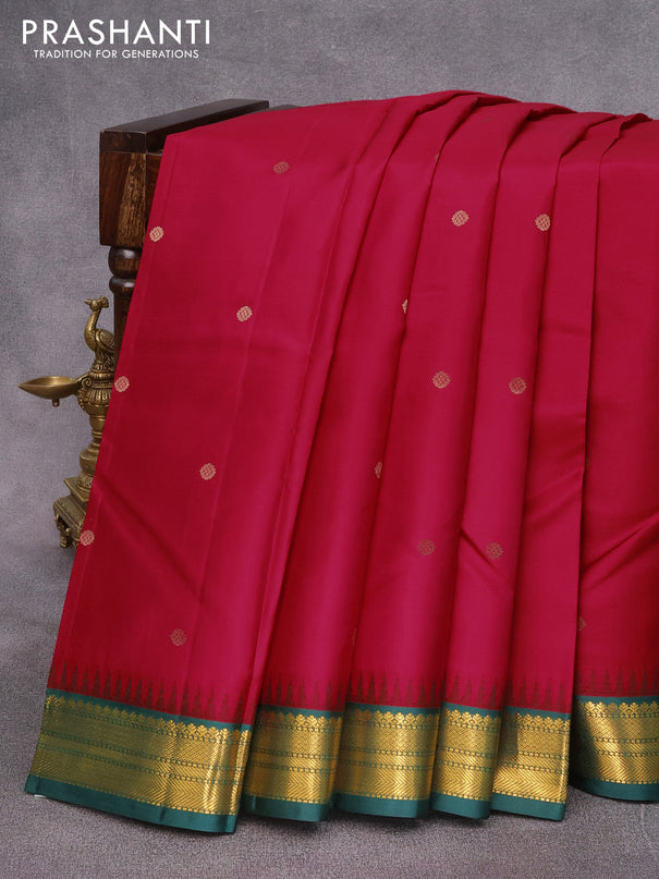 Pure kanjivaram silk saree reddish pink and gree with zari woven buttas and zari woven korvai border