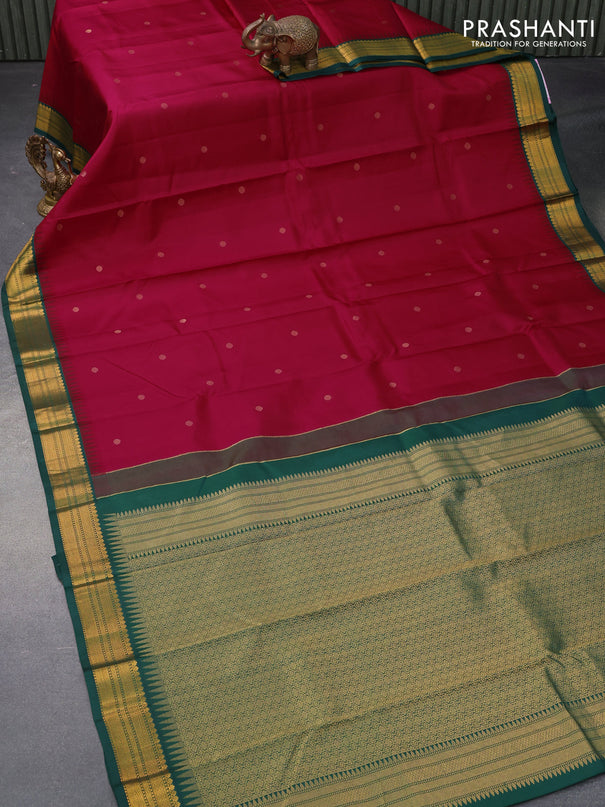 Pure kanjivaram silk saree reddish pink and gree with zari woven buttas and zari woven korvai border