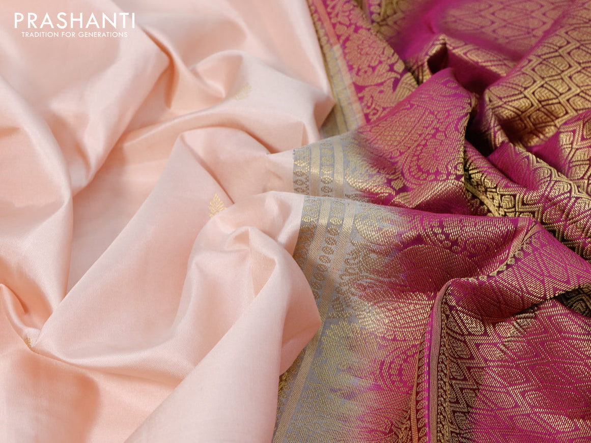Pure kanjivaram silk saree pastel peach and purple with zari woven buttas and zari woven korvai border