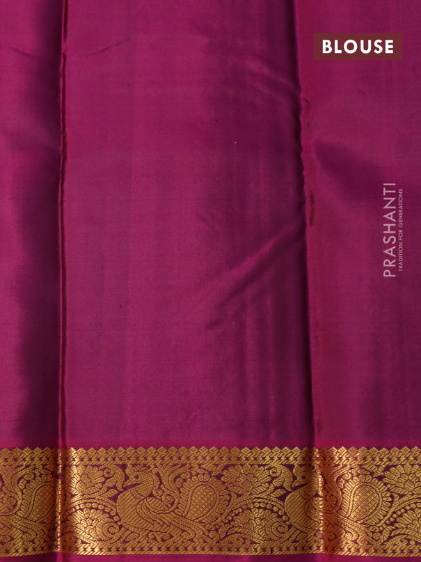 Pure kanjivaram silk saree pastel peach and purple with zari woven buttas and zari woven korvai border