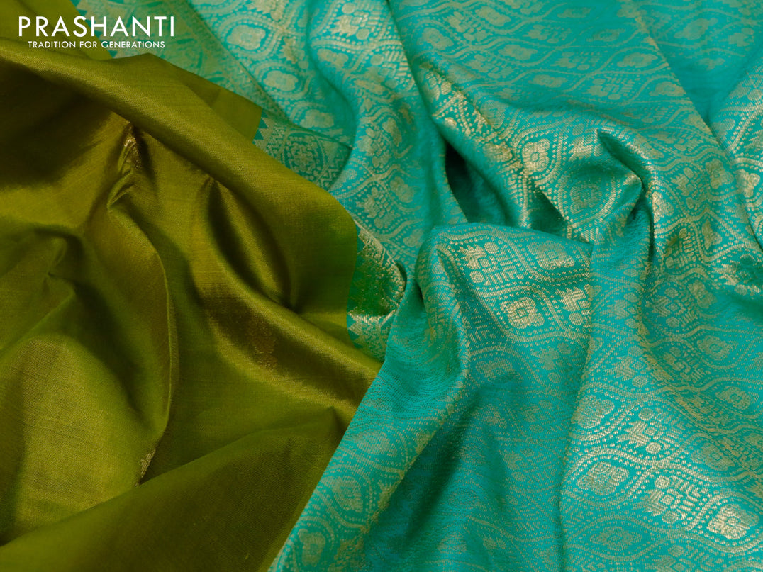 Pure kanjivaram silk saree mehendi green and teal green with zari woven buttas and zari woven border