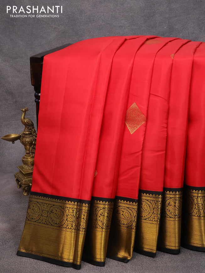 Pure kanjivaram silk saree red and black with zari woven buttas and zari woven korvai border