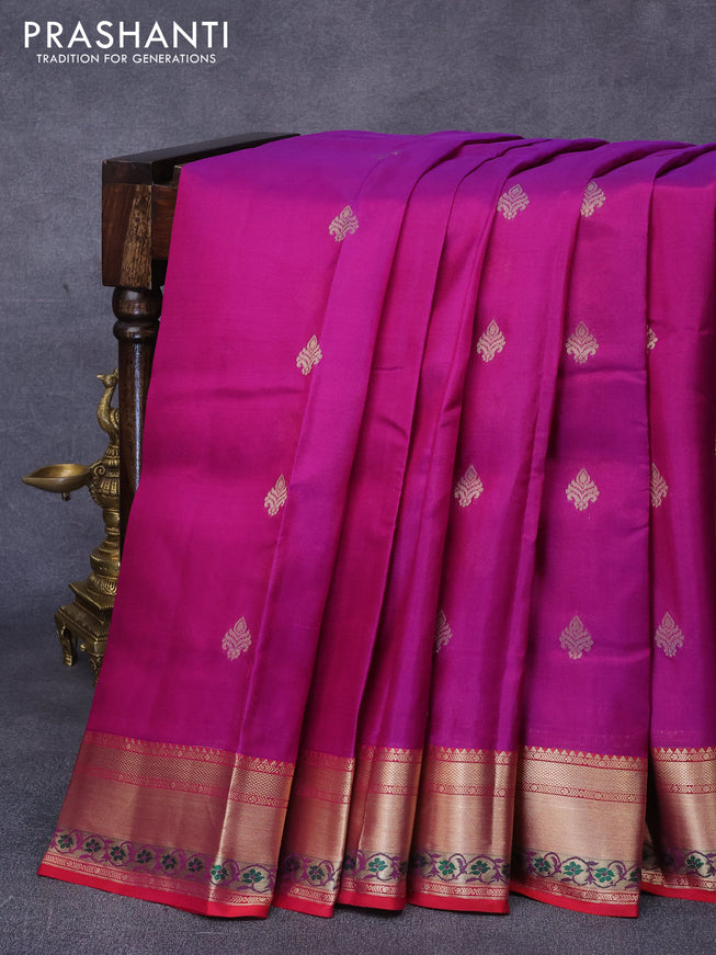 Pure kanjivaram silk saree purple and dual shade of pinkish red with zari woven buttas and zari woven border