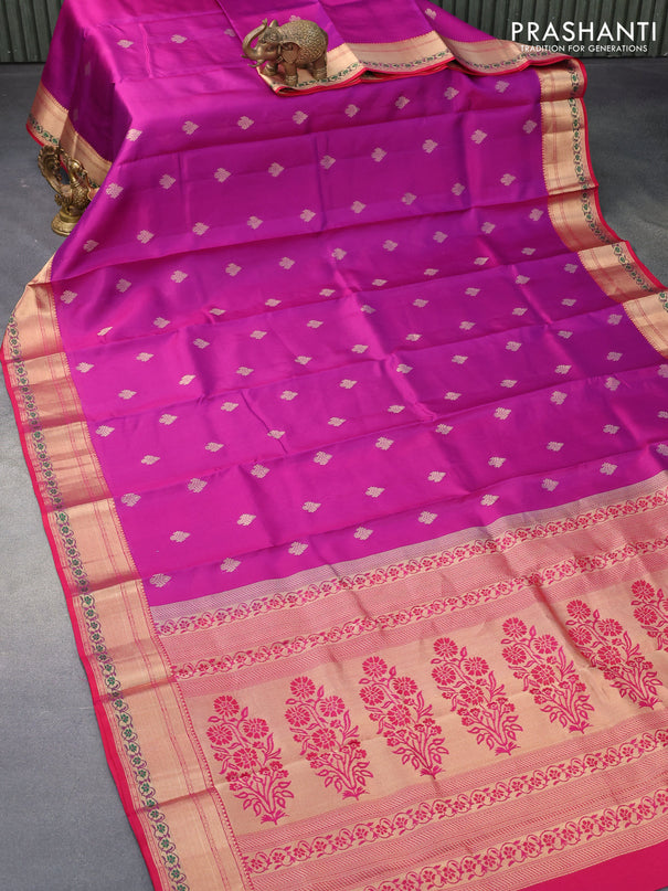 Pure kanjivaram silk saree purple and dual shade of pinkish red with zari woven buttas and zari woven border