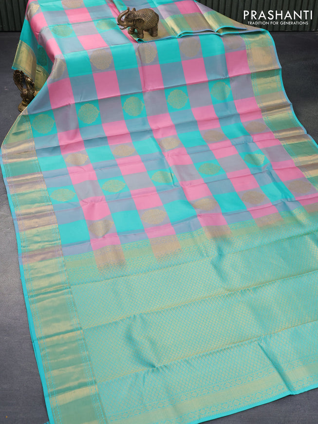 Pure kanjivaram silk saree light pink and teal blue with paalum pazhamum checks & buttas and zari woven border