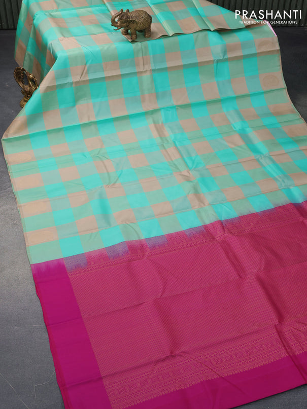 Pure kanjivaram silk saree teal sandal and pink with paalum pazhamum checked pattern in borderless style